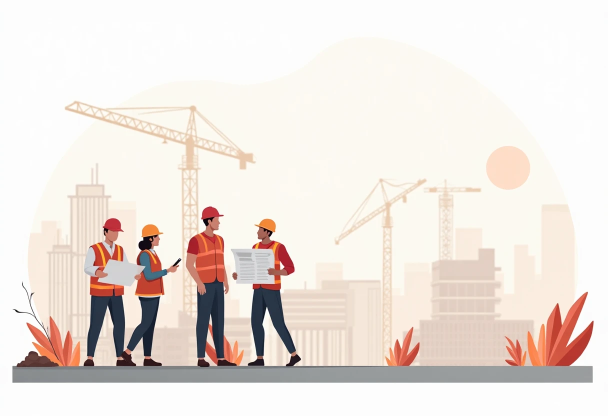 Equipo de construcción revisando proyectos