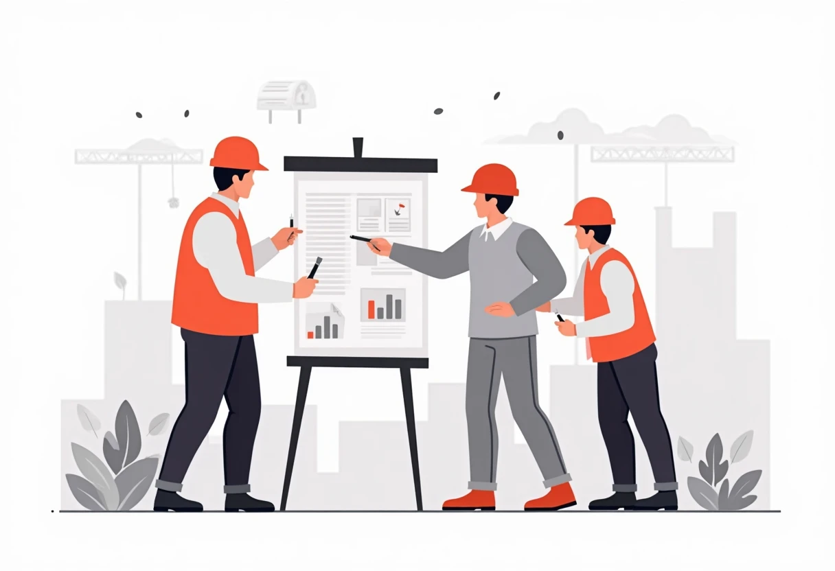 Trabajadores de la construcción revisando planos