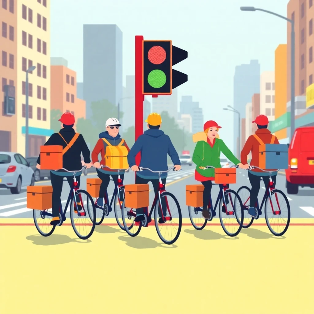 Grupo de repartidores en un semáforo