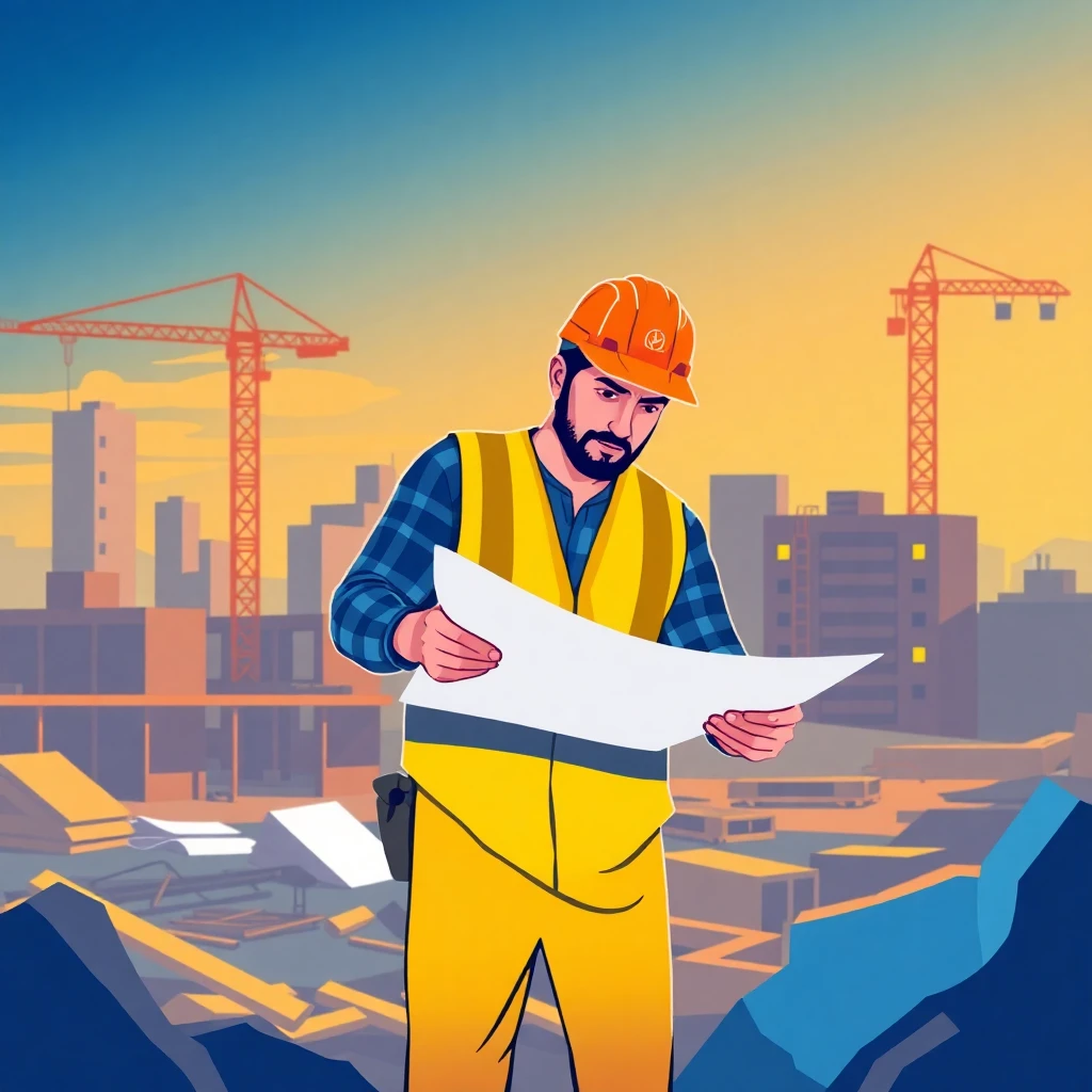 Trabajador de construcción revisando planos