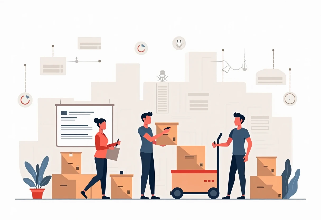 Warehouse workers organizing inventory